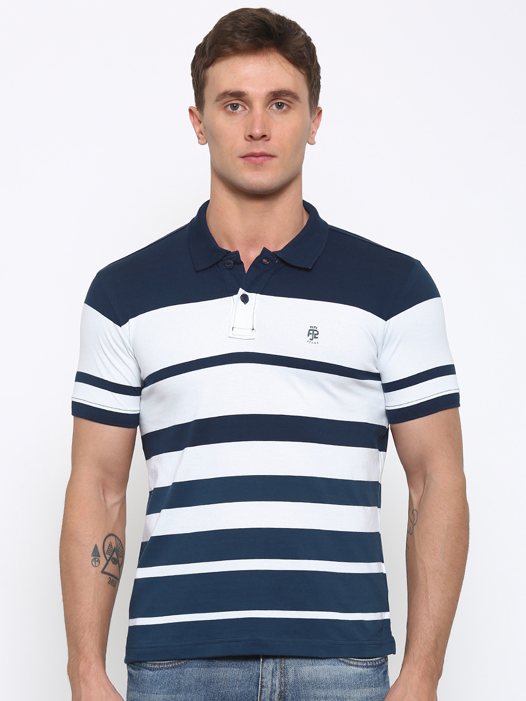 

Pepe Jeans Men White Navy Striped Polo Pure Cotton T-shirt