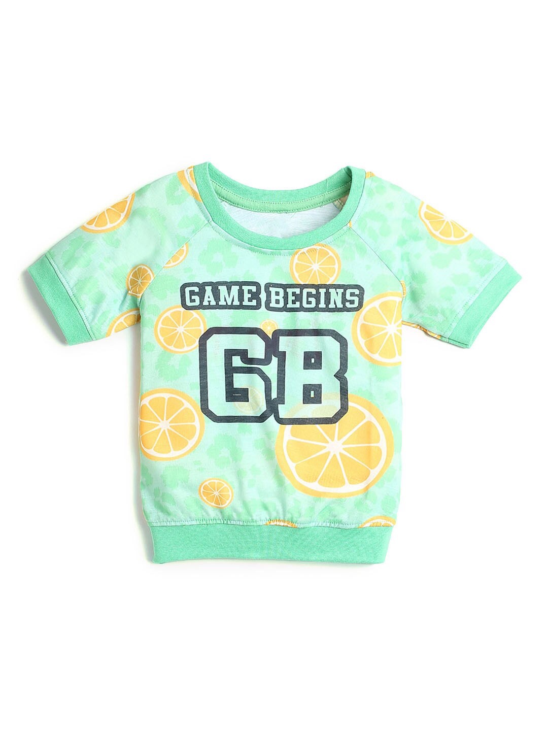 

Hopscotch Girls Green & Yellow Typography Printed Pure Cotton T-shirt