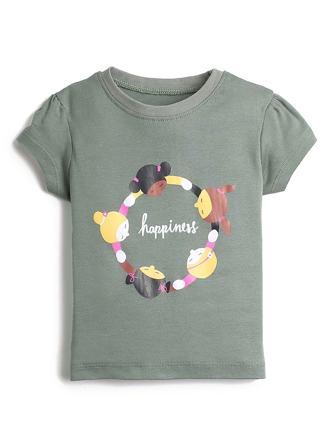 

Hopscotch Girls Sage Green Graphic Printed Pure Cotton T-shirt