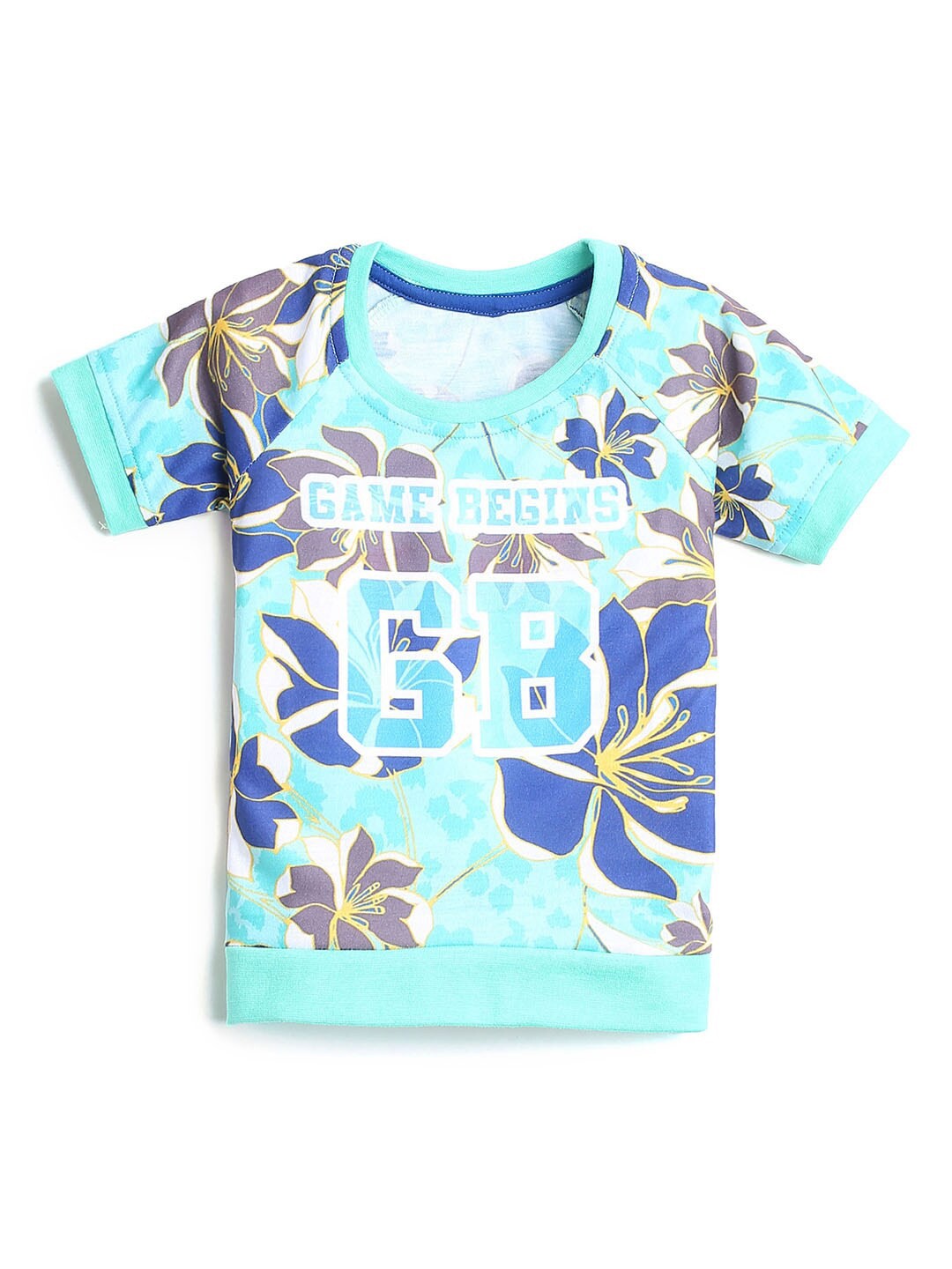 

Hopscotch Girls Blue & Sea Green Floral Printed Pure Cotton T-shirt