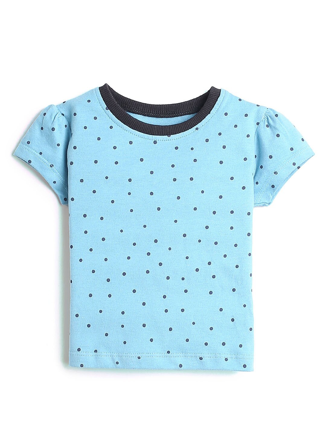 

Hopscotch Girls Blue Polka Dots Printed Pure Cotton T-shirt
