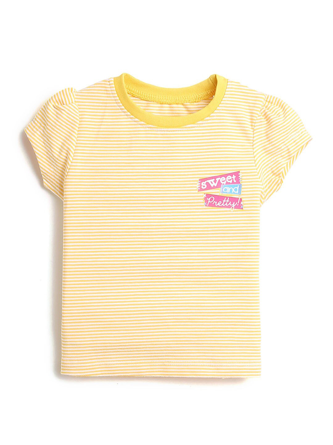 

Hopscotch Girls Yellow & White Striped Pure Cotton T-shirt