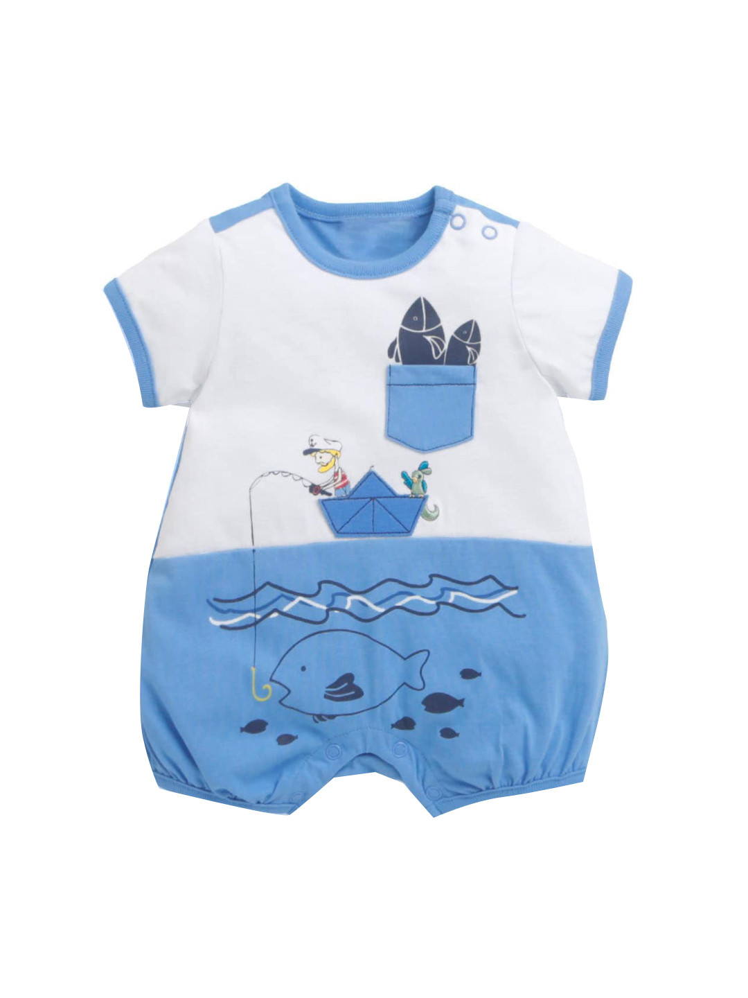 

Hopscotch Infant Boys White & Blue Printed Pure Cotton Rompers