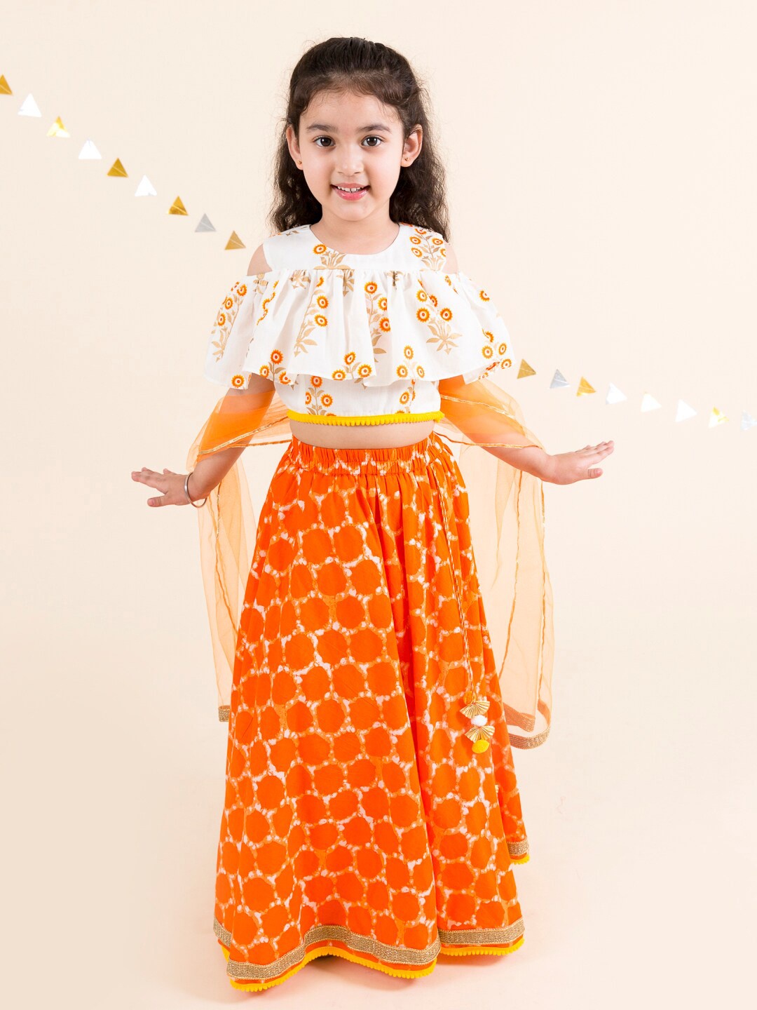 

pspeaches Girls Orange & White Printed Cotton Ready to Wear Lehenga & Blouse With Dupatta