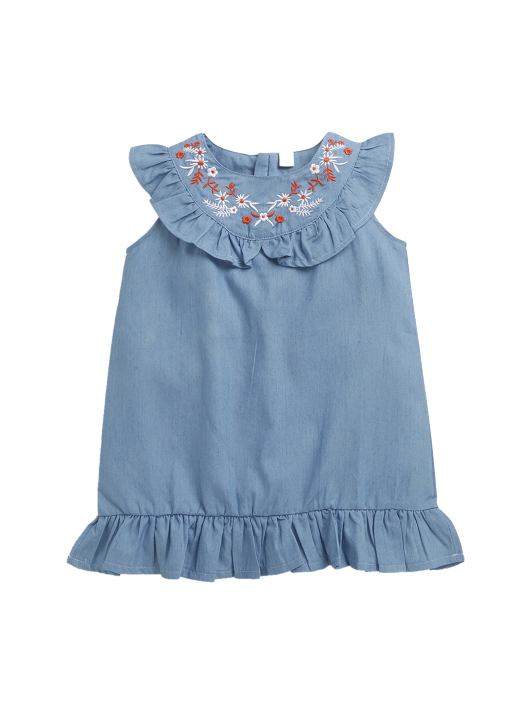 

Hopscotch Girls Blue Ruffled Sleeveless Pure Cotton Peplum Dress