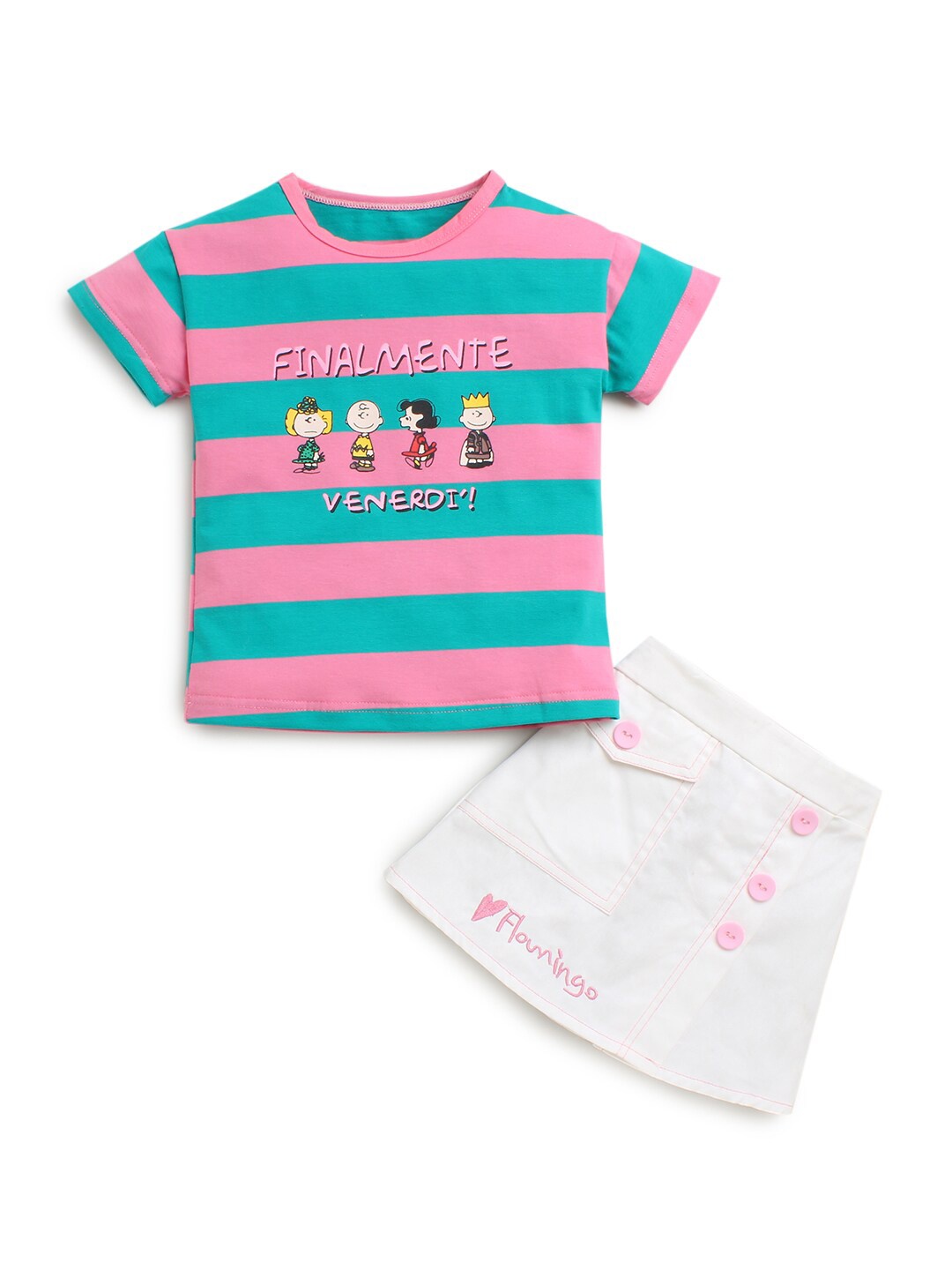 

Hopscotch Girls Green & Pink Striped T-shirt with Skirt