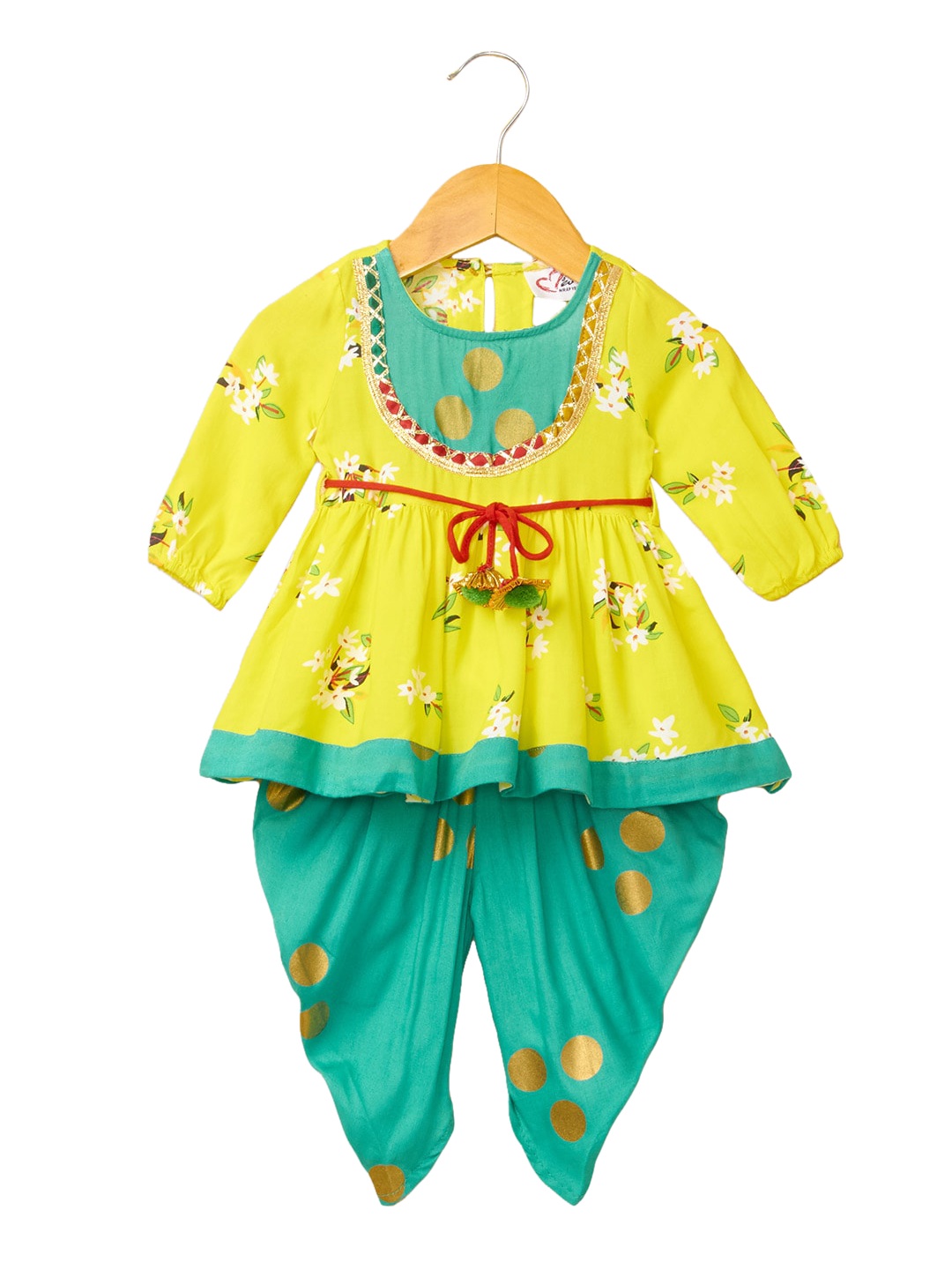 

Hopscotch Girls Yellow Floral Printed Pure Cotton Kurti with Dhoti Pants