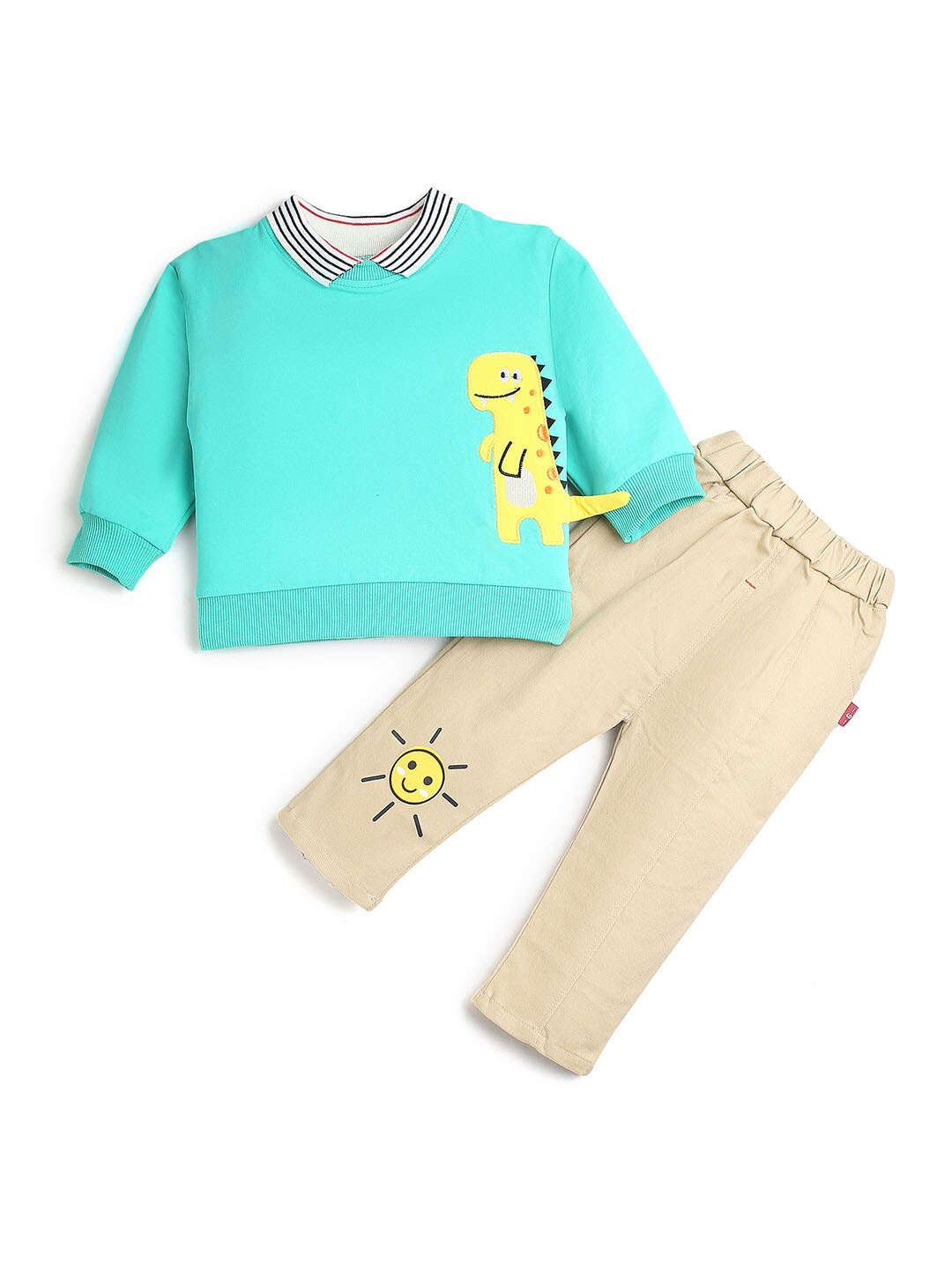 

Hopscotch Boys Turquoise Blue & Beige Printed Top with Trousers