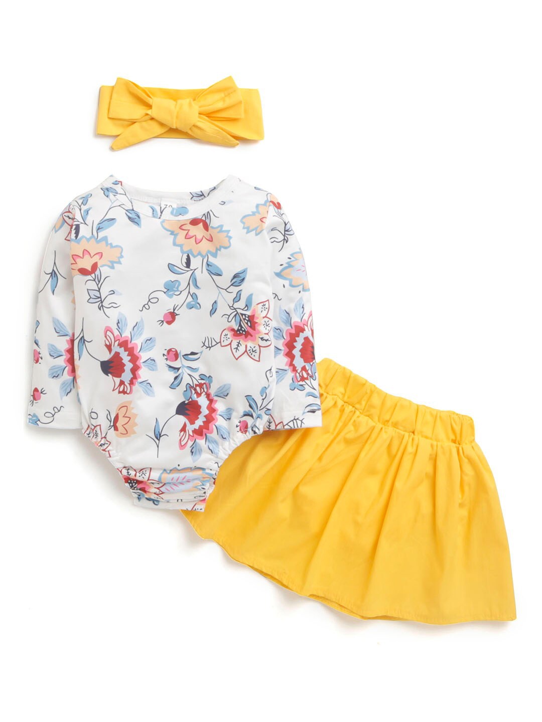 

Hopscotch Girls Yellow & White Printed Onesie And Skirt Set