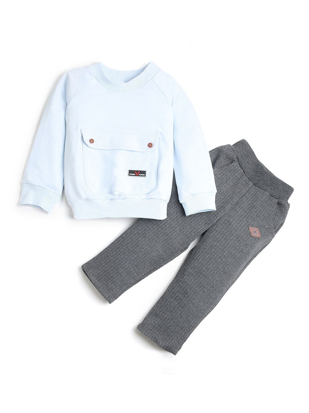 

Hopscotch Boys Blue & Grey Solid T-shirt with Trousers