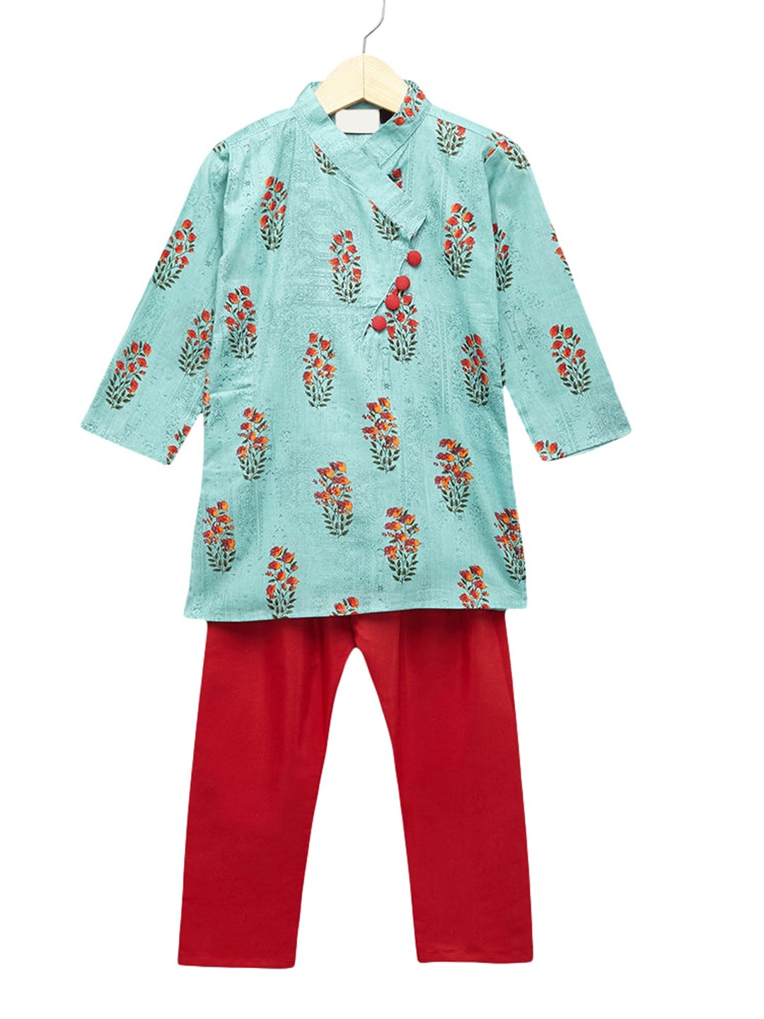 

Hopscotch Boys Sea Green Floral Printed Angrakha Pure Cotton Kurta with Pyjamas