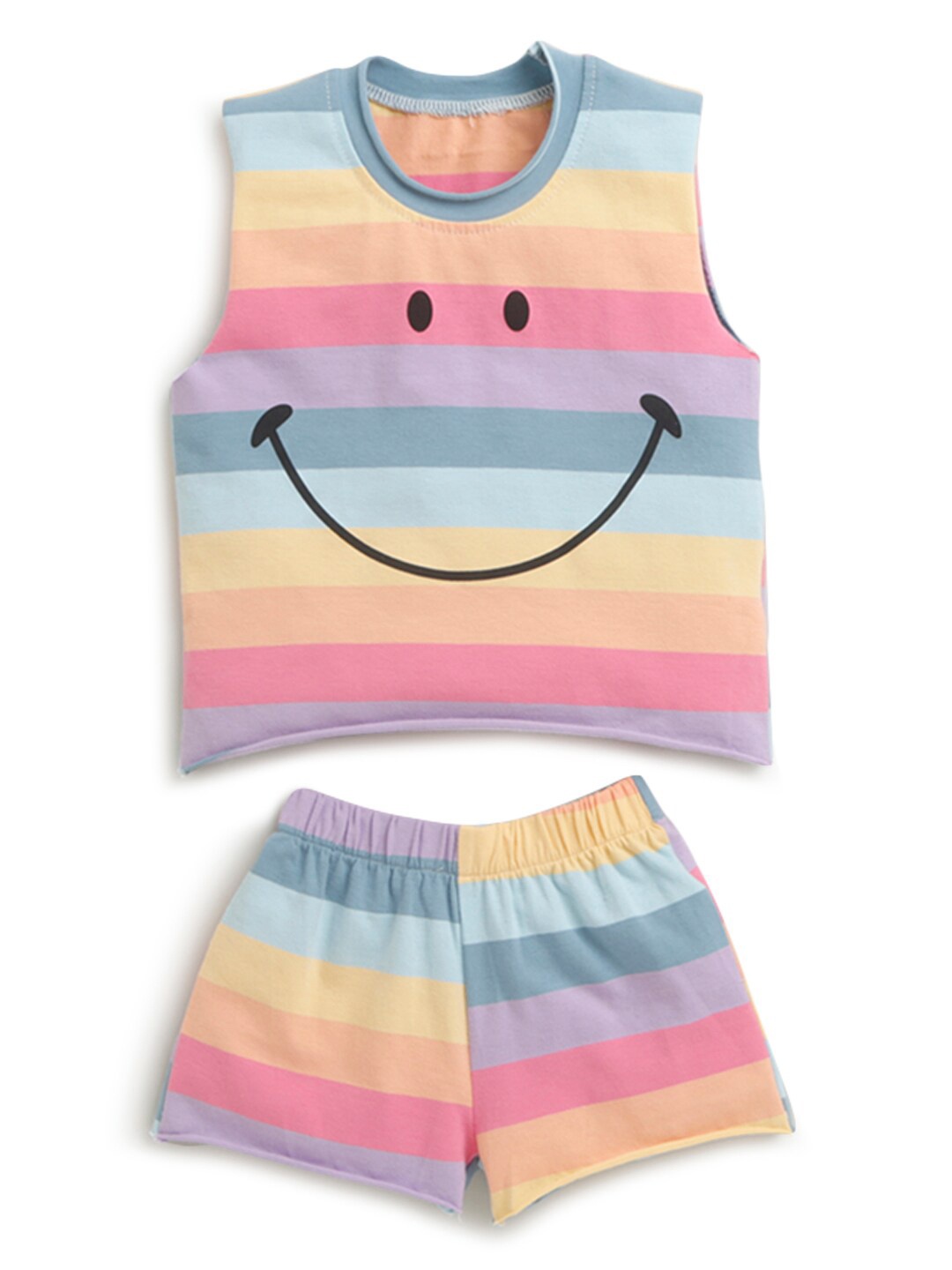 

Hopscotch Girls Multicoloured Striped Pure Cotton Top with Shorts, Multi