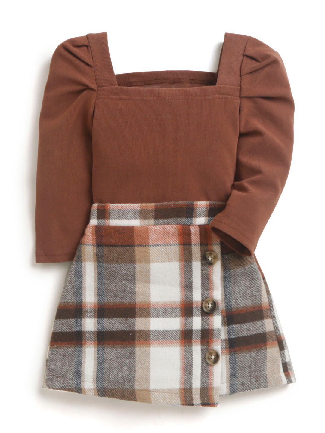 

Hopscotch Girls Brown Plaid Printed Pure Cotton Clothing Set