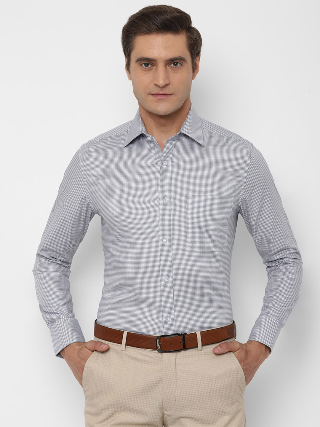 

Louis Philippe Men Grey & White Micro Checked Pure Cotton Formal Shirt