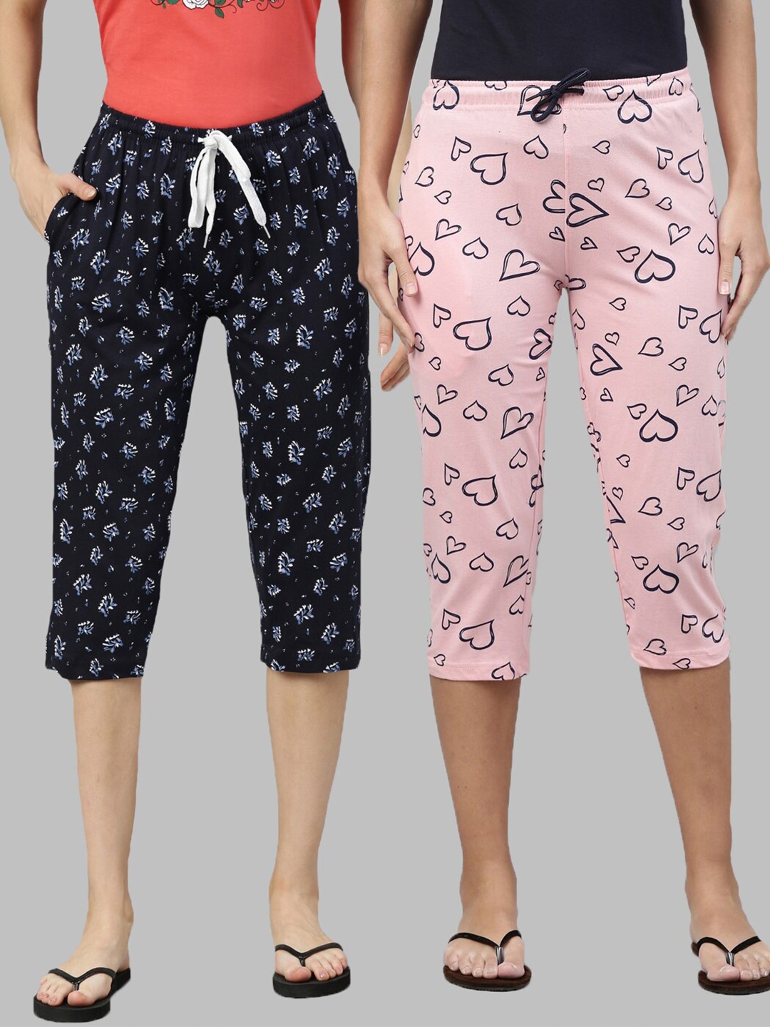 

Kryptic Pack of 2 Navy Blue & Pink Printed Cotton Capris