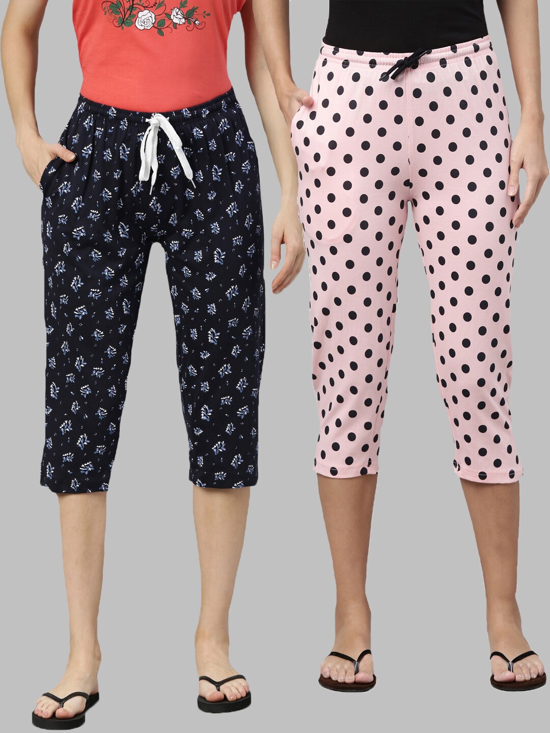 

Kryptic Pack of 2 Women Navy Blue & Pink Printed Cotton Capris