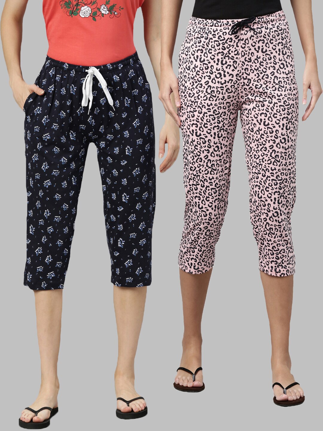 

Kryptic Women Pack of 2 Navy Blue & Pink Printed Cotton Capris
