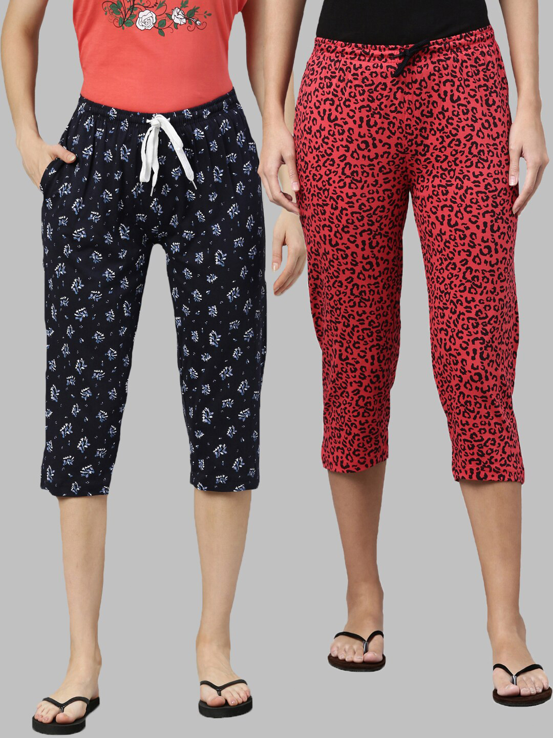 

Kryptic Women Pack of 2 Printed Cotton Capris, Navy blue