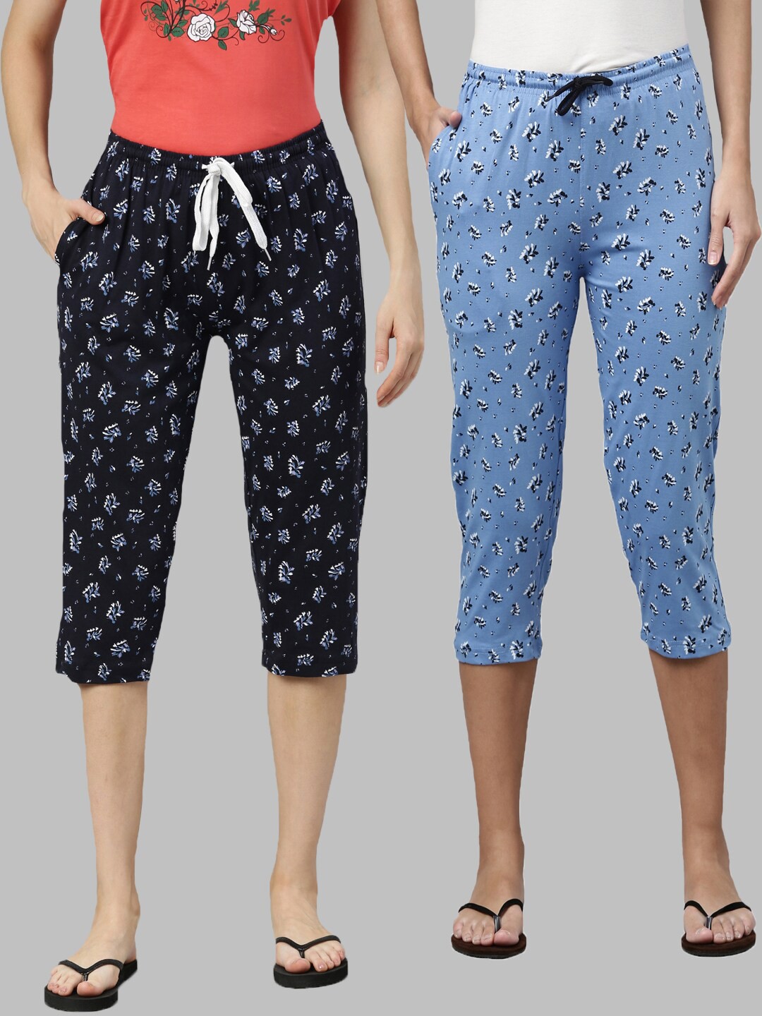 

Kryptic Women Pack of 2 Navy Blue & Blue Printed Cotton Capris