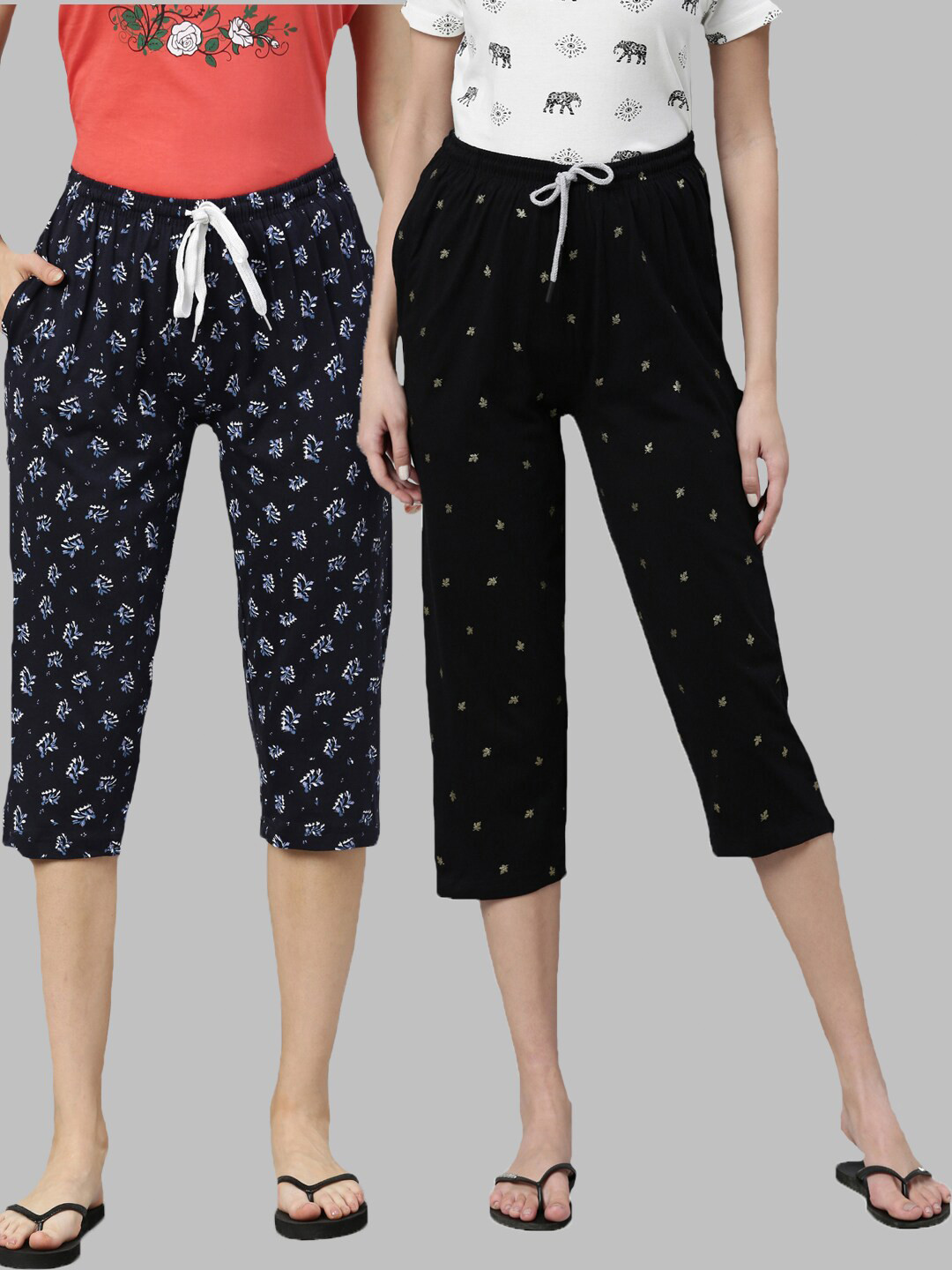 

Kryptic Women Pack of 2 Printed Pure Cotton Capris, Navy blue