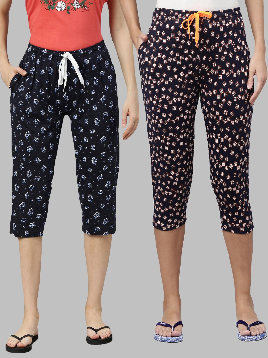 

Kryptic Women Pack Of 2 Cotton Printed Capris, Navy blue