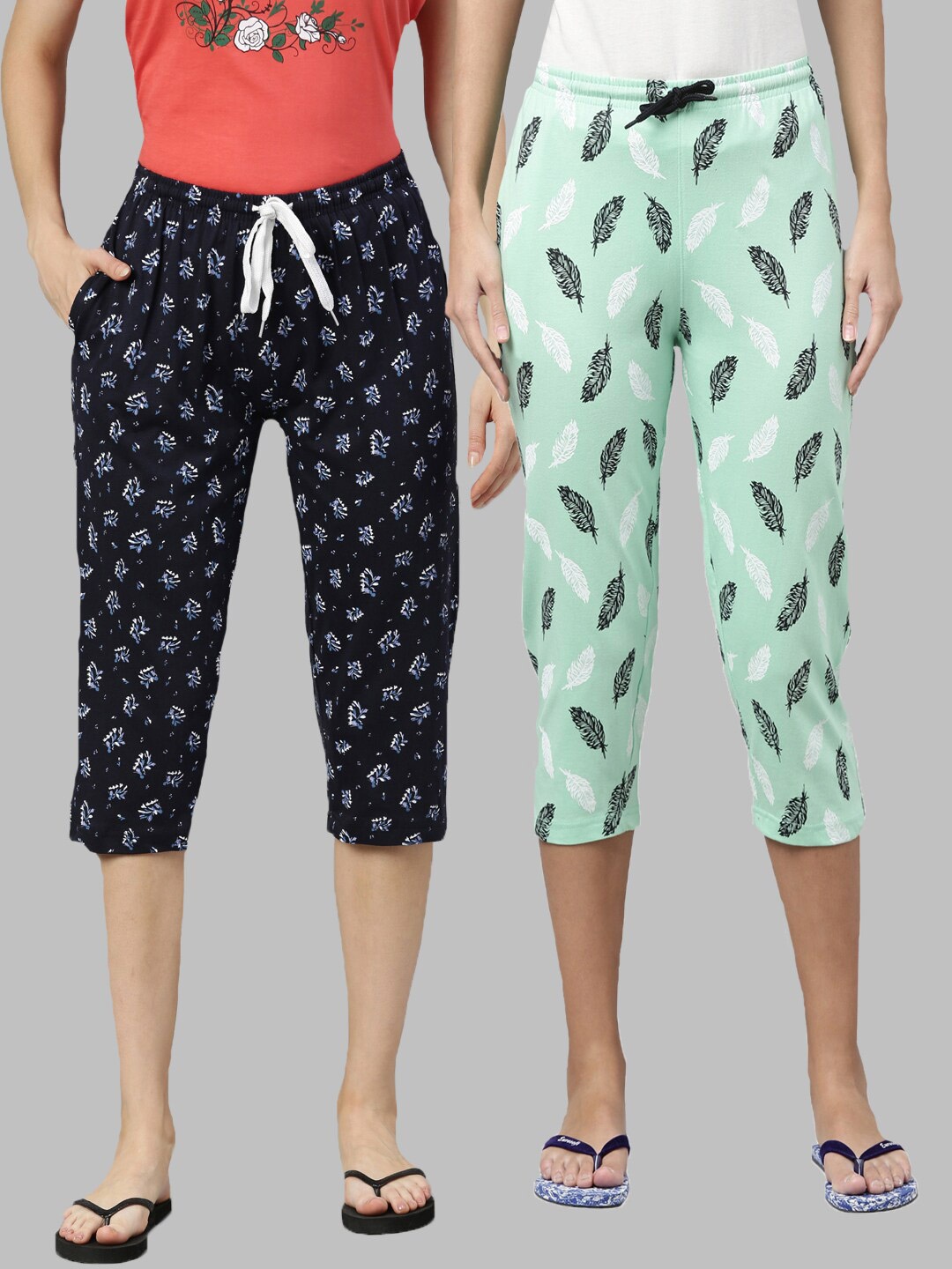 

Kryptic Women Pack Of 2 Navy Blue & Green Printed Pure Cotton Capris