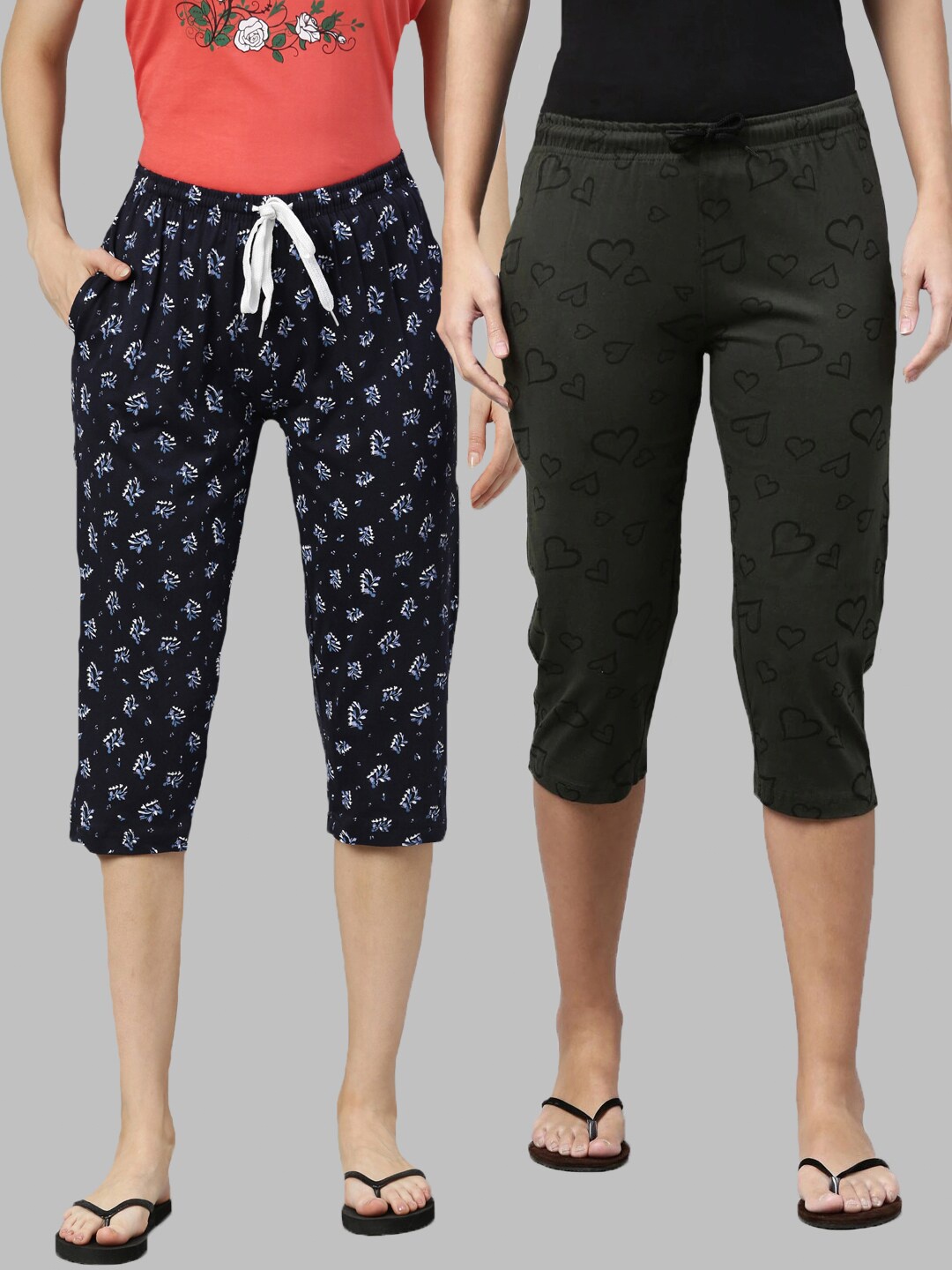 

Kryptic Women Pack Of 2 Navy Blue & Olive Printed Pure Cotton Capris