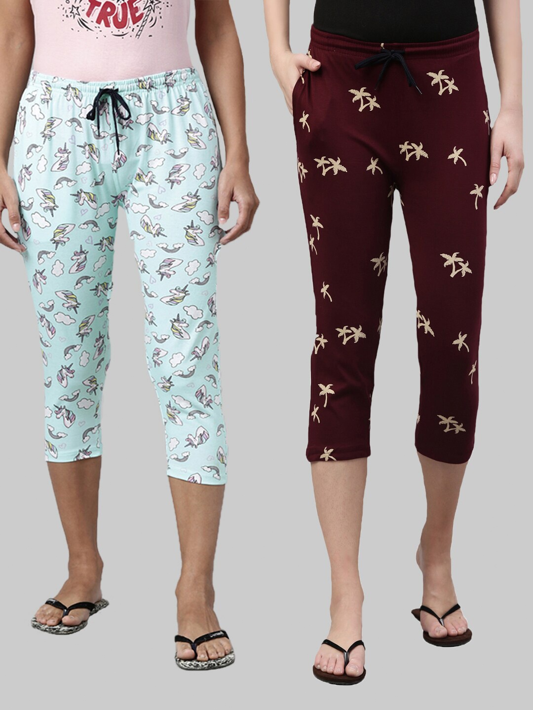 

Kryptic Women Pack Of 2 Blue & Maroon Printed Pure Cotton Capris