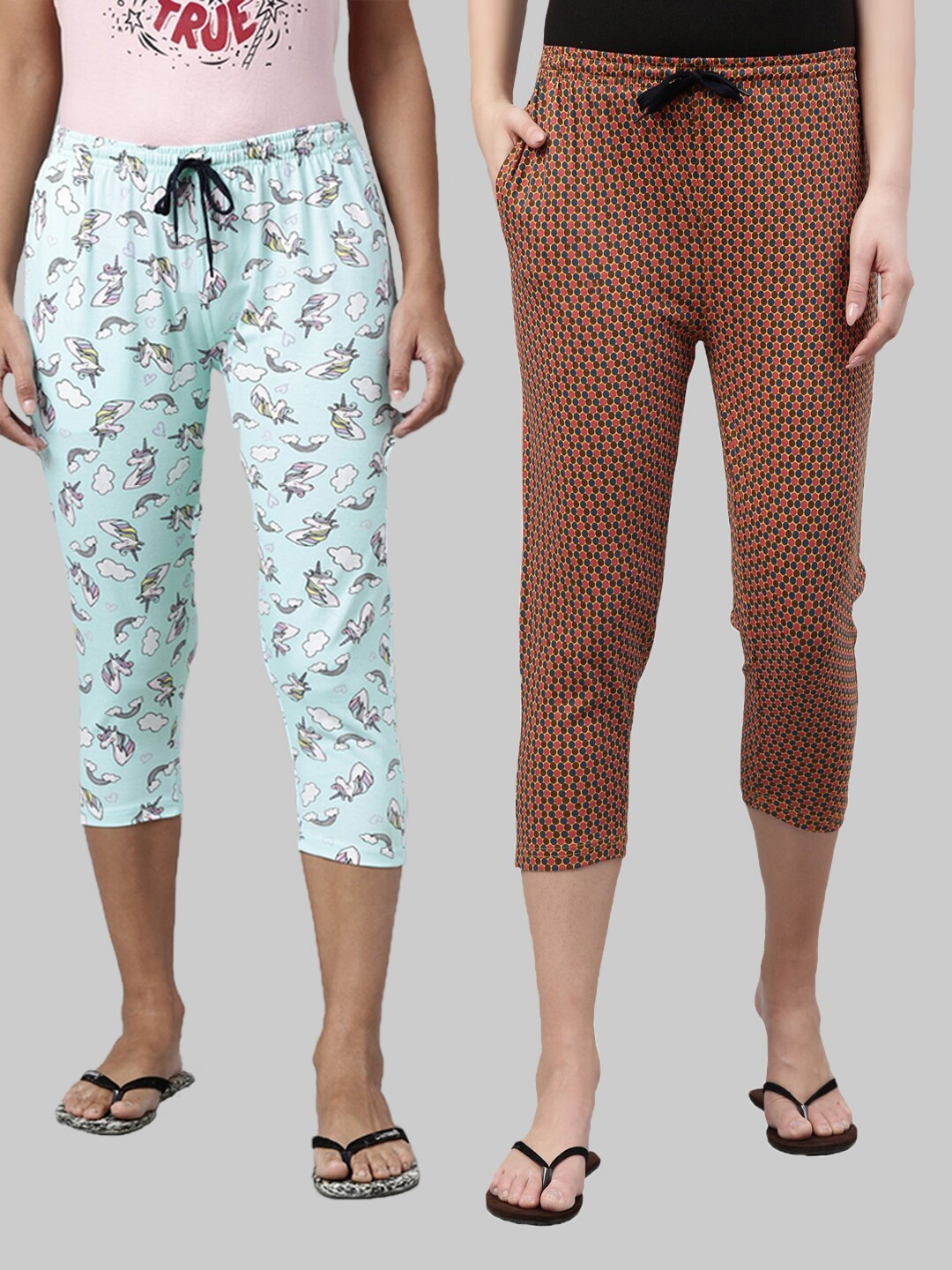 

Kryptic Women Pack of 2 Blue & Mustard Printed Capris
