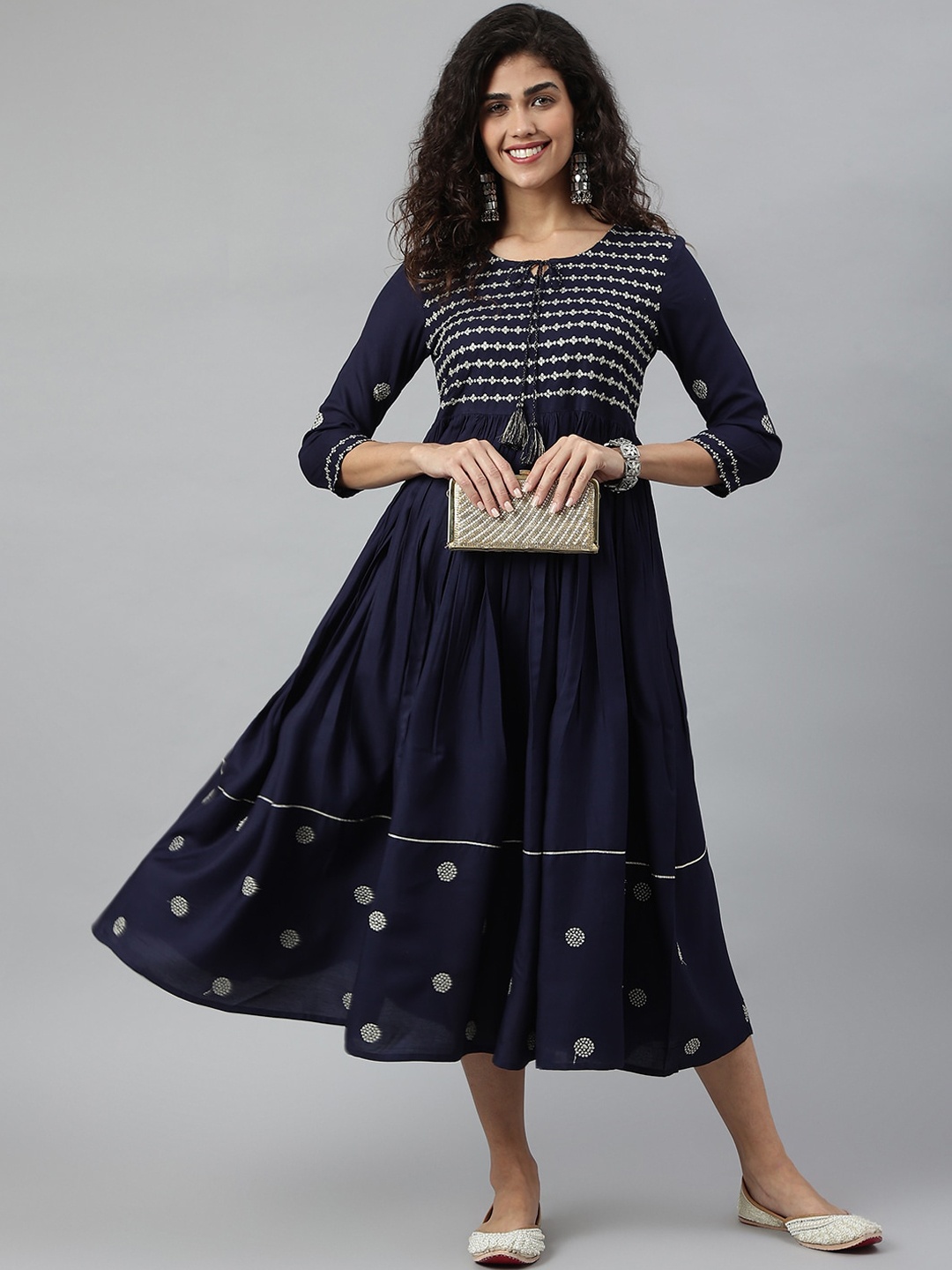 

KALINI Blue Embroidered Tie-Up Neck Ethnic A-Line Midi Dress