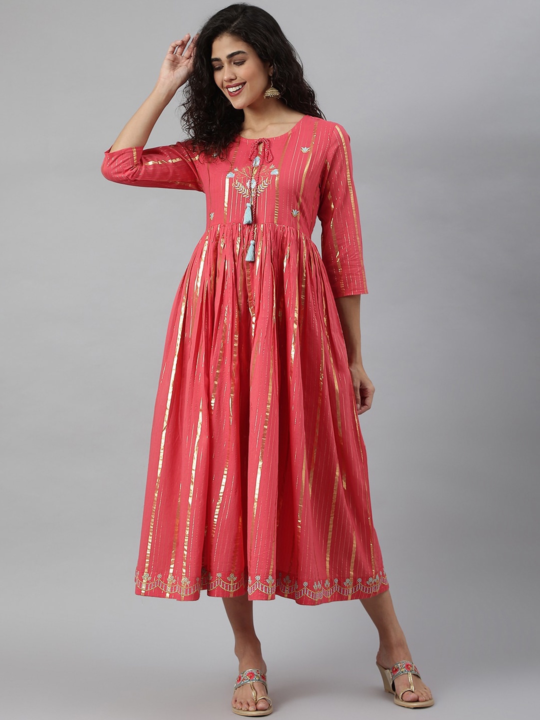 

KALINI Pink & Golden Striped Tie-Up Neck Ethnic Pure Cotton A-Line Midi Dress