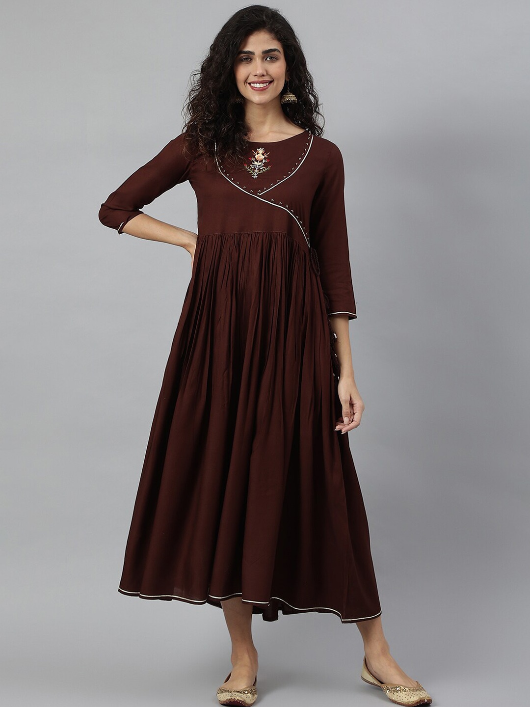 

KALINI Brown Embroidered Ethnic Wrap Midi Dress