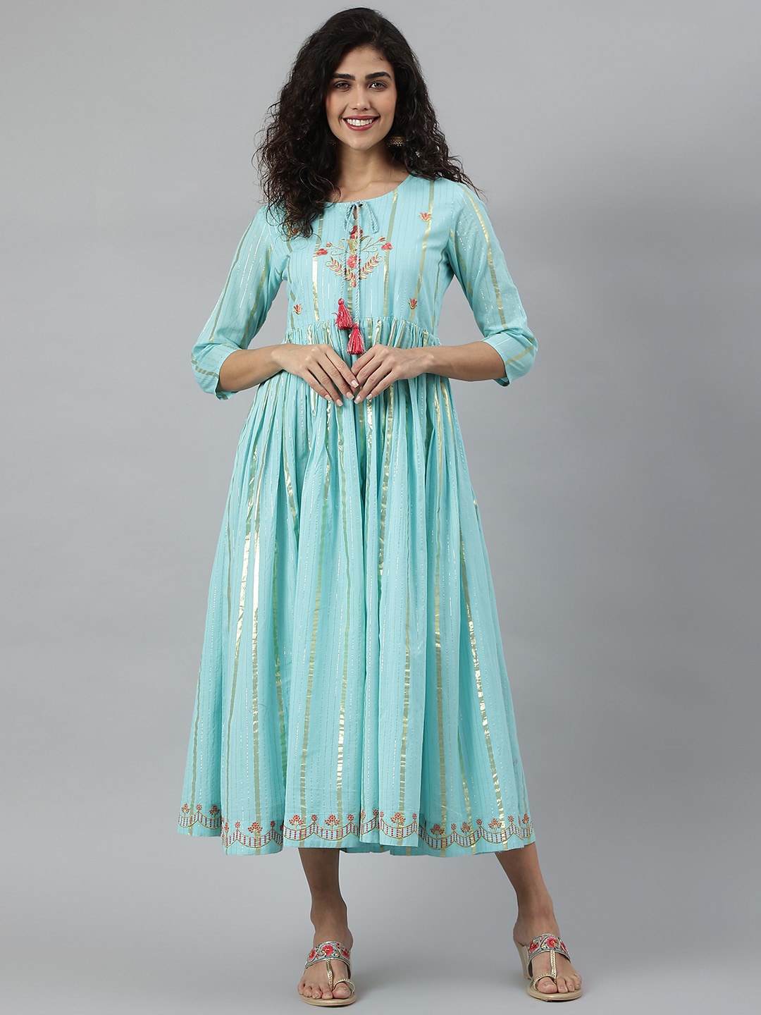 

KALINI Turquoise Blue & Golden Striped Tie-Up Neck Ethnic Pure Cotton A-Line Midi Dress