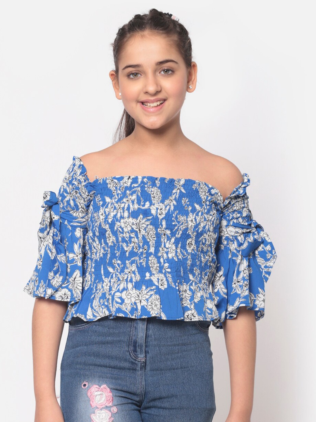 

MINOS Girls Blue & White Floral Print Off-Shoulder Smocked Bardot Crop Top