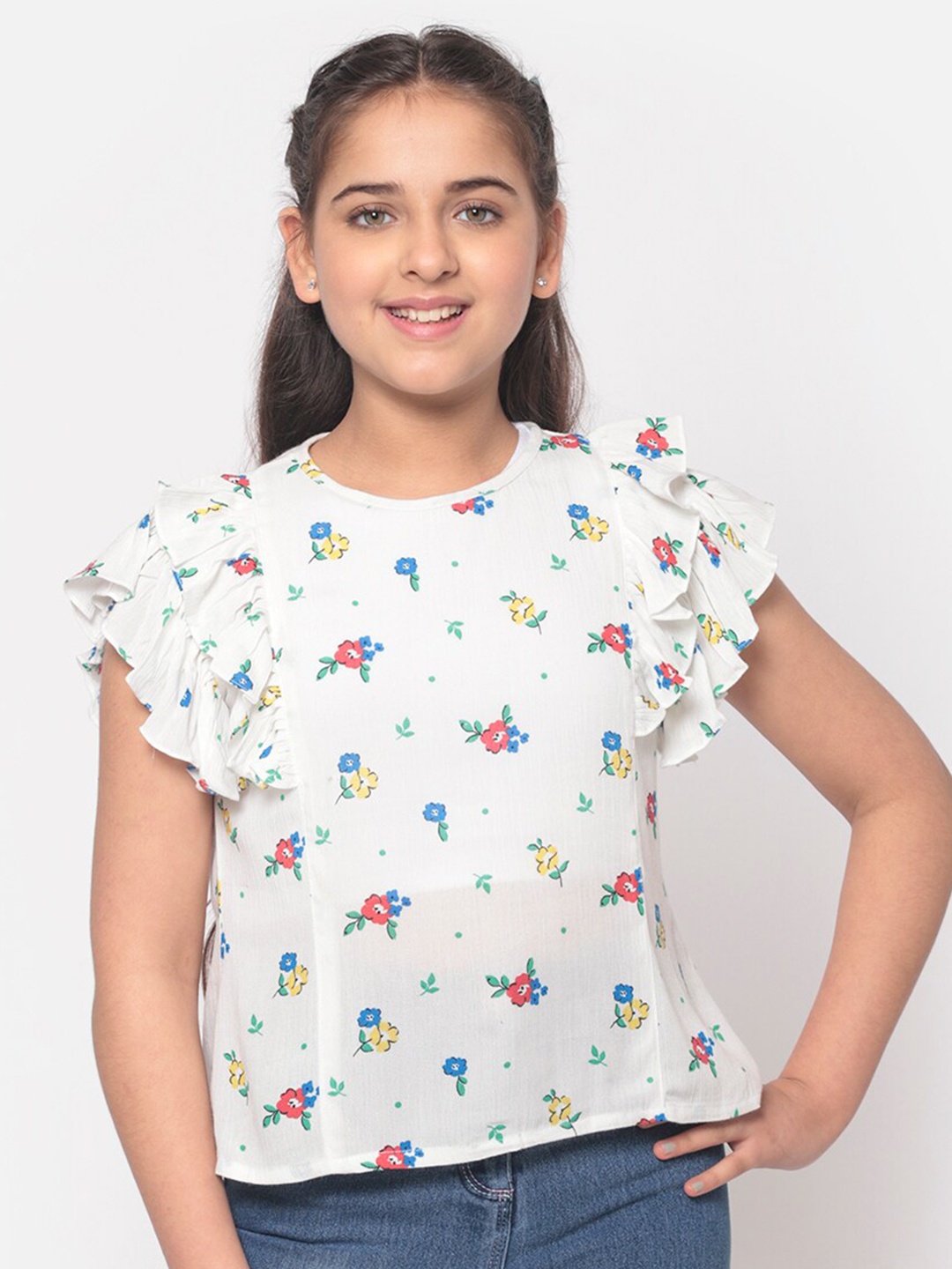 

MINOS Girls White & Red Floral Print Flutter Sleeves Top