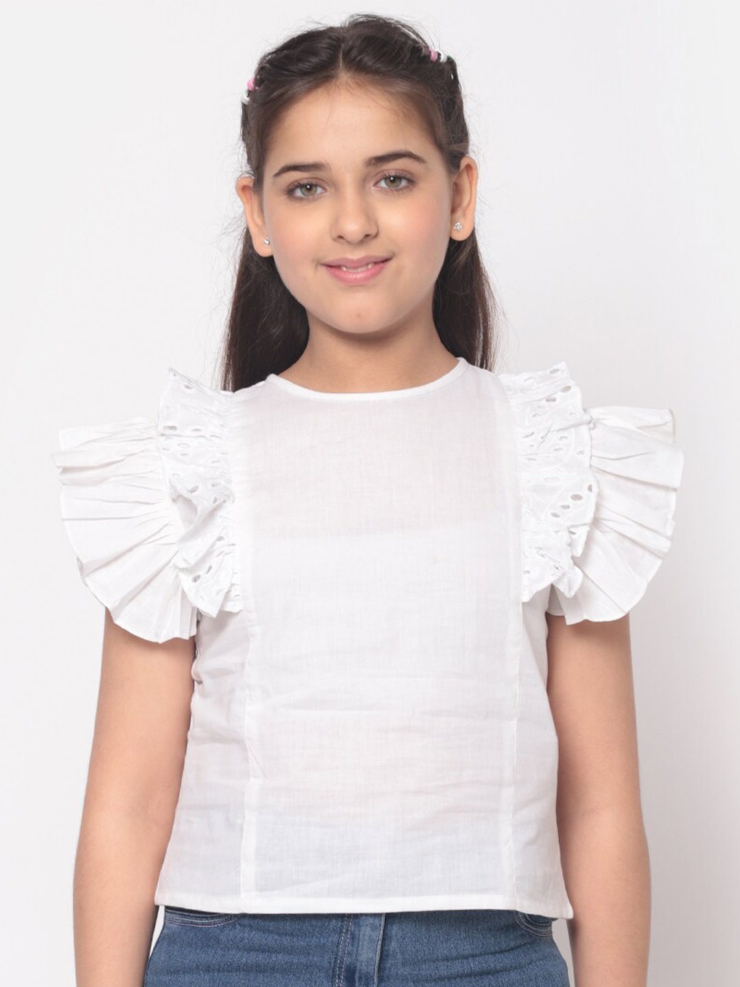 

MINOS Girls White Solid Round Neck Flutter Sleeves Top