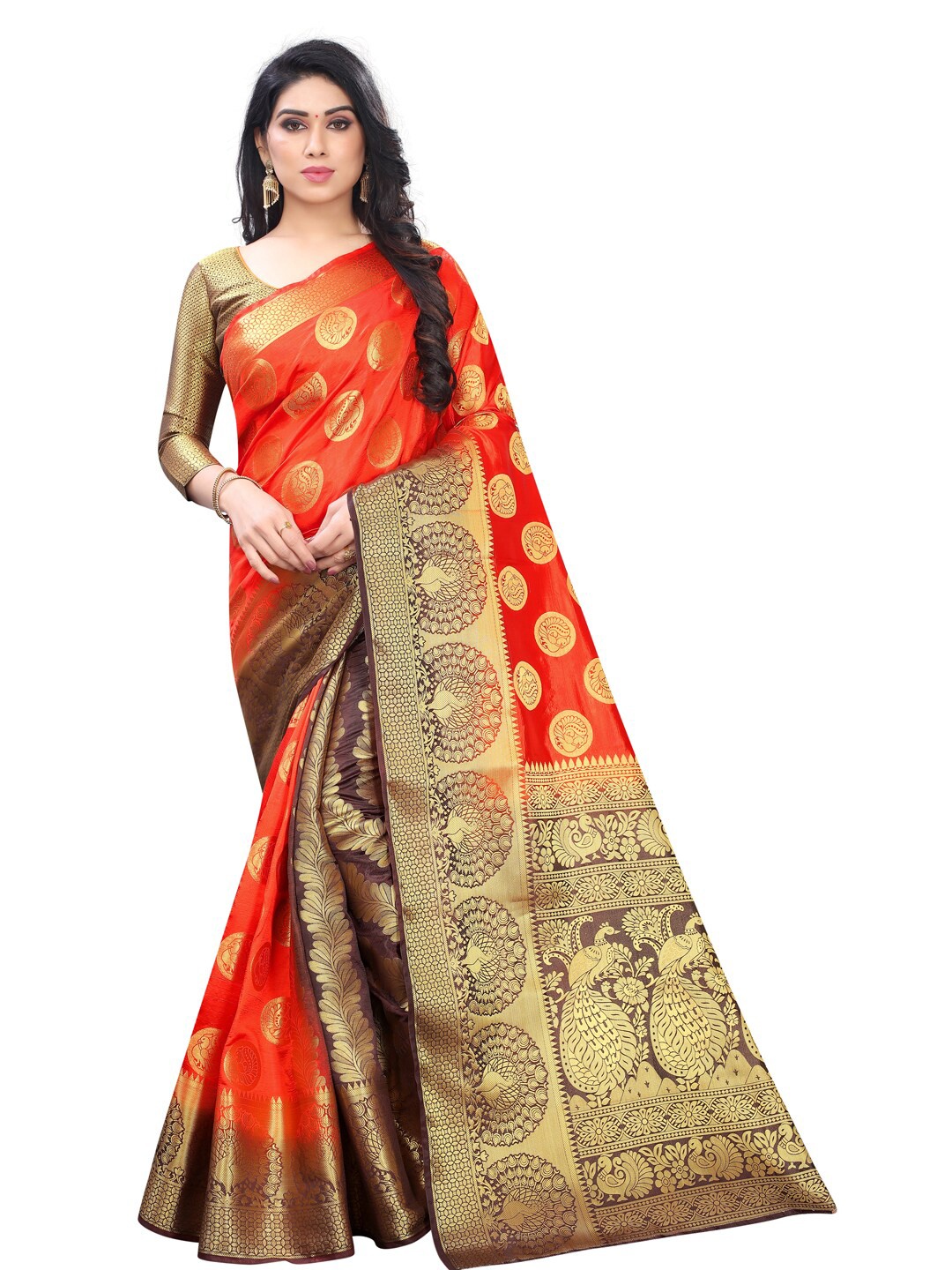 

PERFECT WEAR Rust & Red Floral Zari Silk Cotton Banarasi Saree