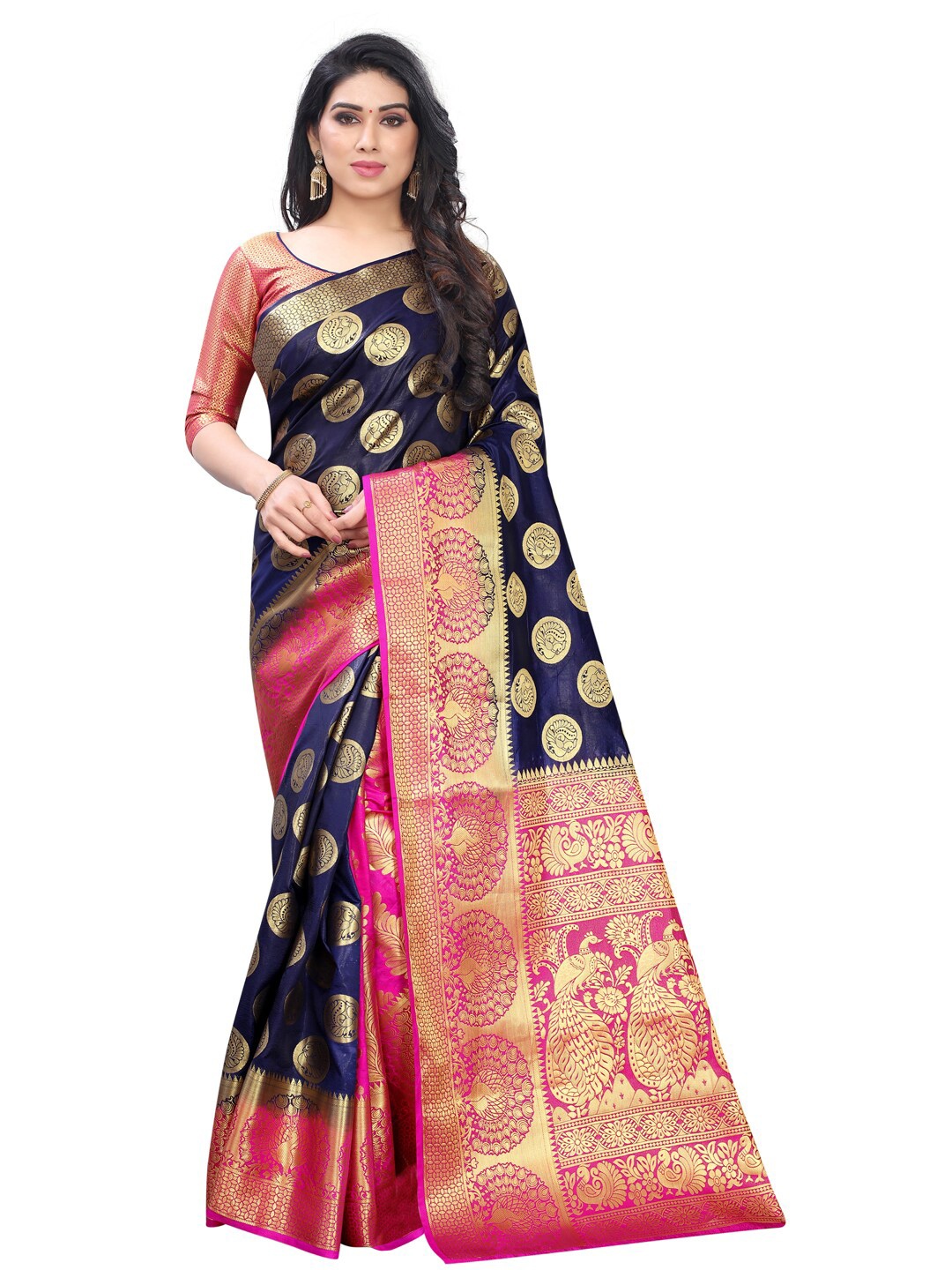 

PERFECT WEAR Navy Blue & Pink Ethnic Motifs Zari Banarasi Saree