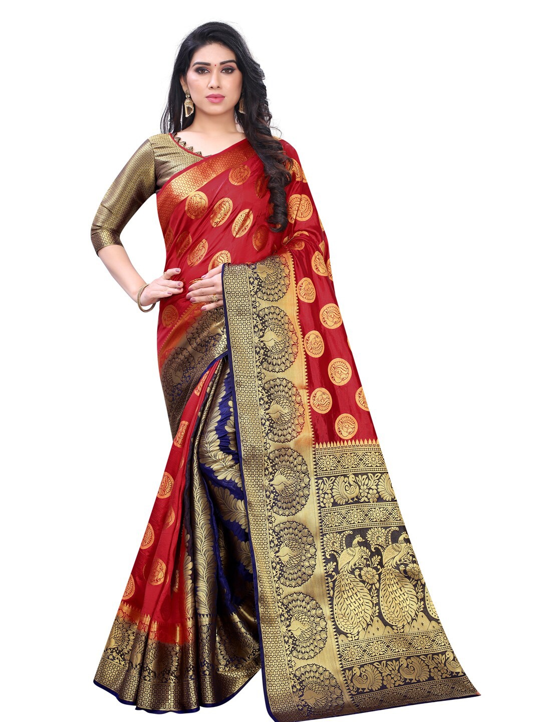 

PERFECT WEAR Red & Navy Blue Ethnic Motifs Zari Silk Cotton Banarasi Saree