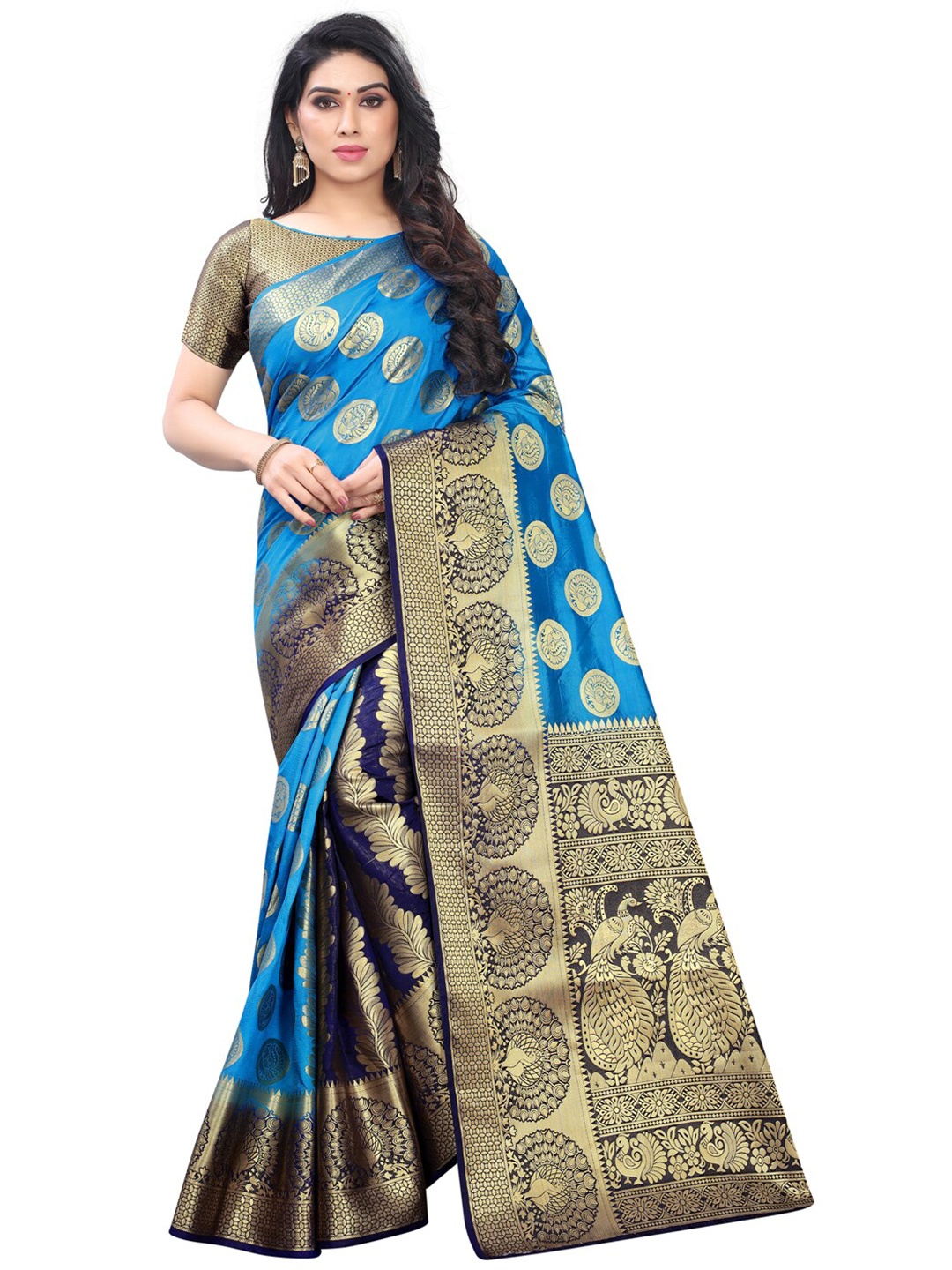 

PERFECT WEAR Blue & Gold-Toned Woven Design Zari Silk Cotton Banarasi Saree