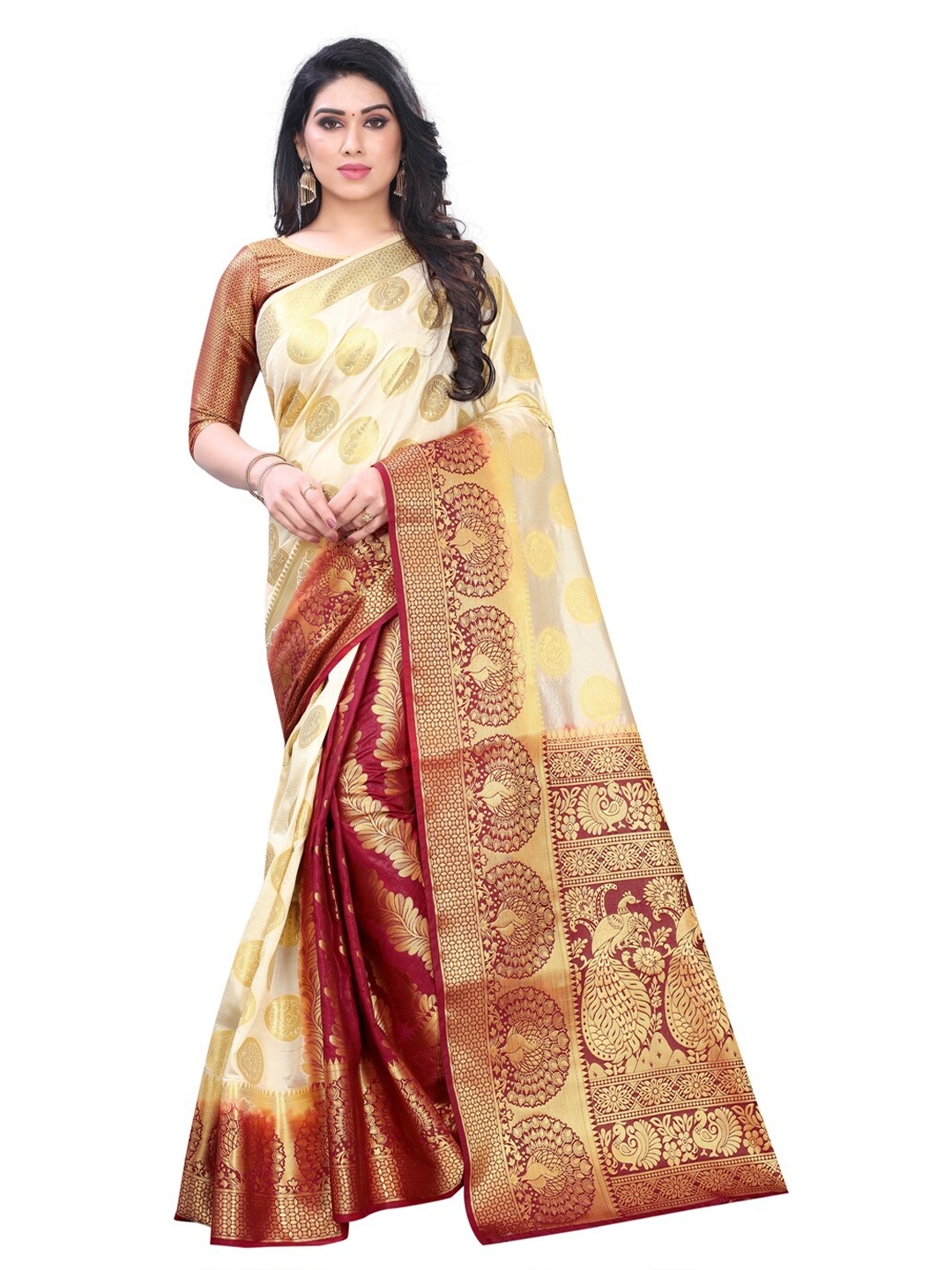 

PERFECT WEAR Off White & Red Ethnic Motifs Zari Silk Cotton Banarasi Saree