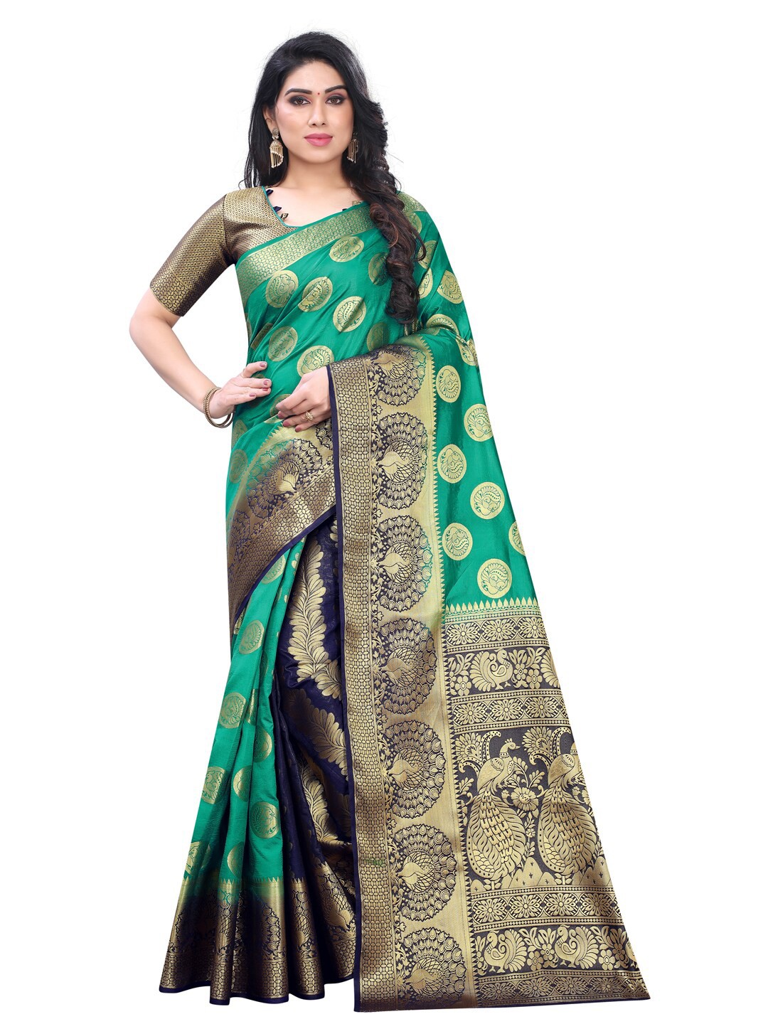 

PERFECT WEAR Green & Navy Blue Floral Zari Silk Cotton Banarasi Saree