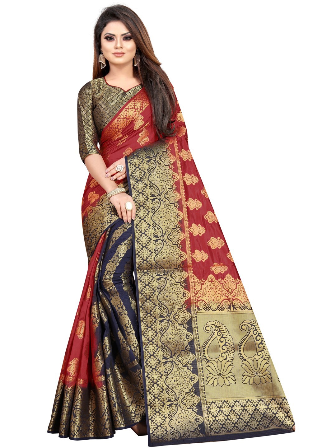 

PERFECT WEAR Red & Navy Blue Woven Design Zari Silk Cotton Banarasi Saree