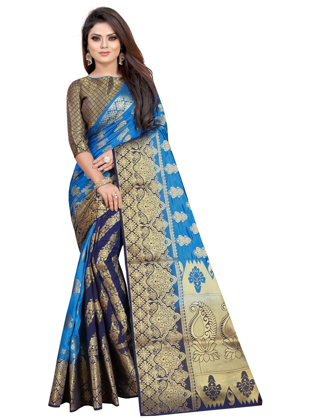 

PERFECT WEAR Blue & Navy Blue Floral Zari Silk Cotton Banarasi Saree