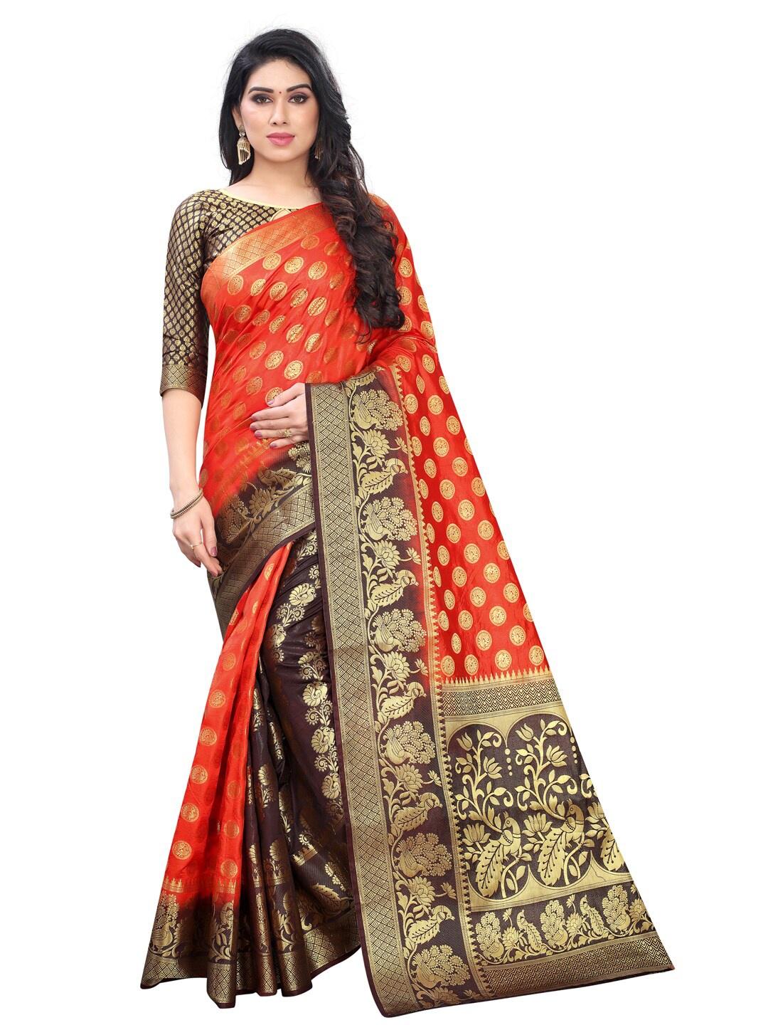 

PERFECT WEAR Red & Navy Blue Ethnic Motifs Zari Silk Cotton Banarasi Saree