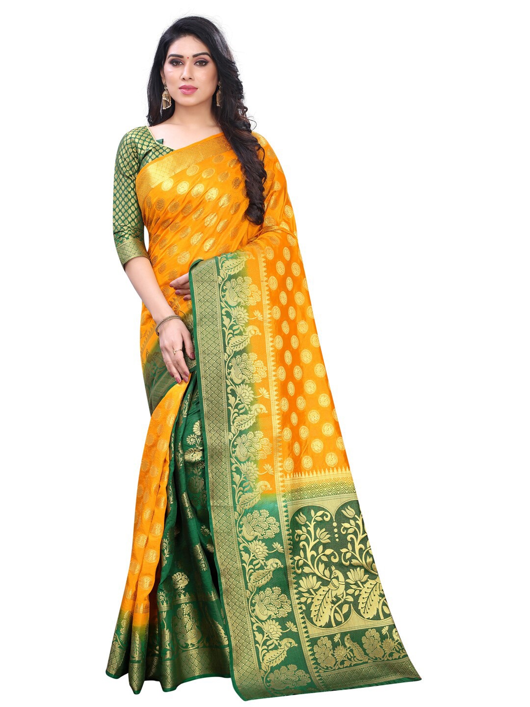 

PERFECT WEAR Yellow & Green Ethnic Motifs Zari Silk Cotton Banarasi Saree