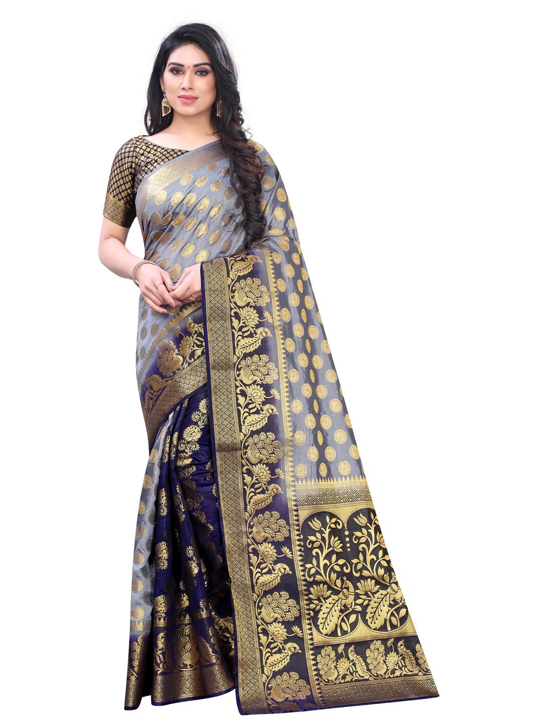 

PERFECT WEAR Grey & Navy Blue Ethnic Motifs Zari Silk Cotton Half and Half Banarasi Saree