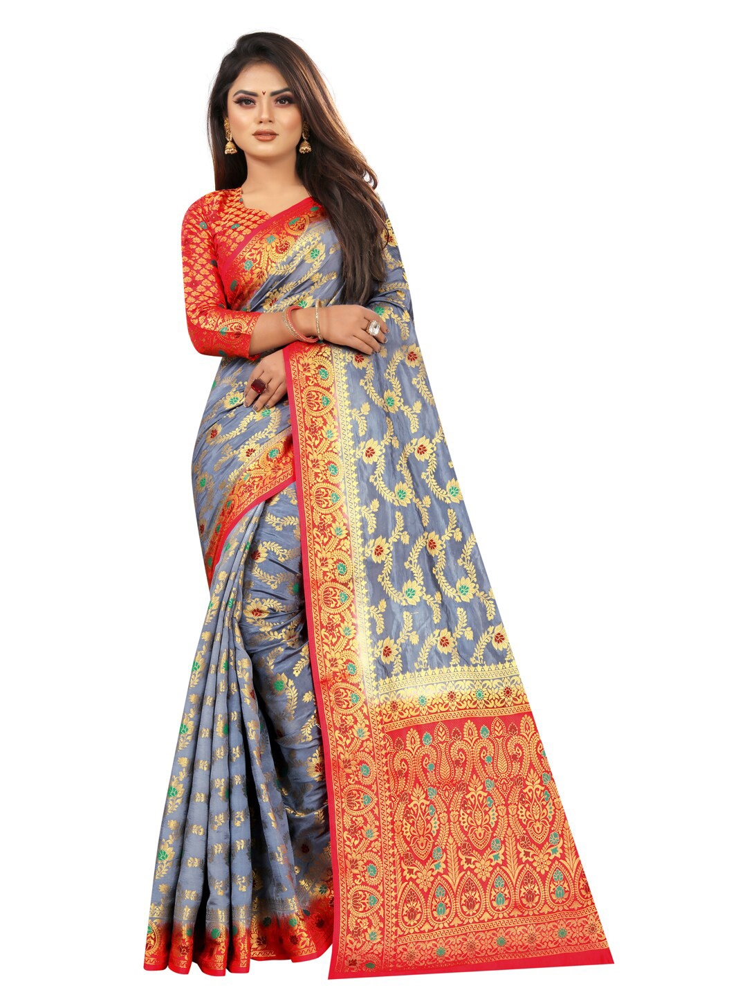 

PERFECT WEAR Grey & Red Ethnic Motifs Zari Silk Cotton Banarasi Saree