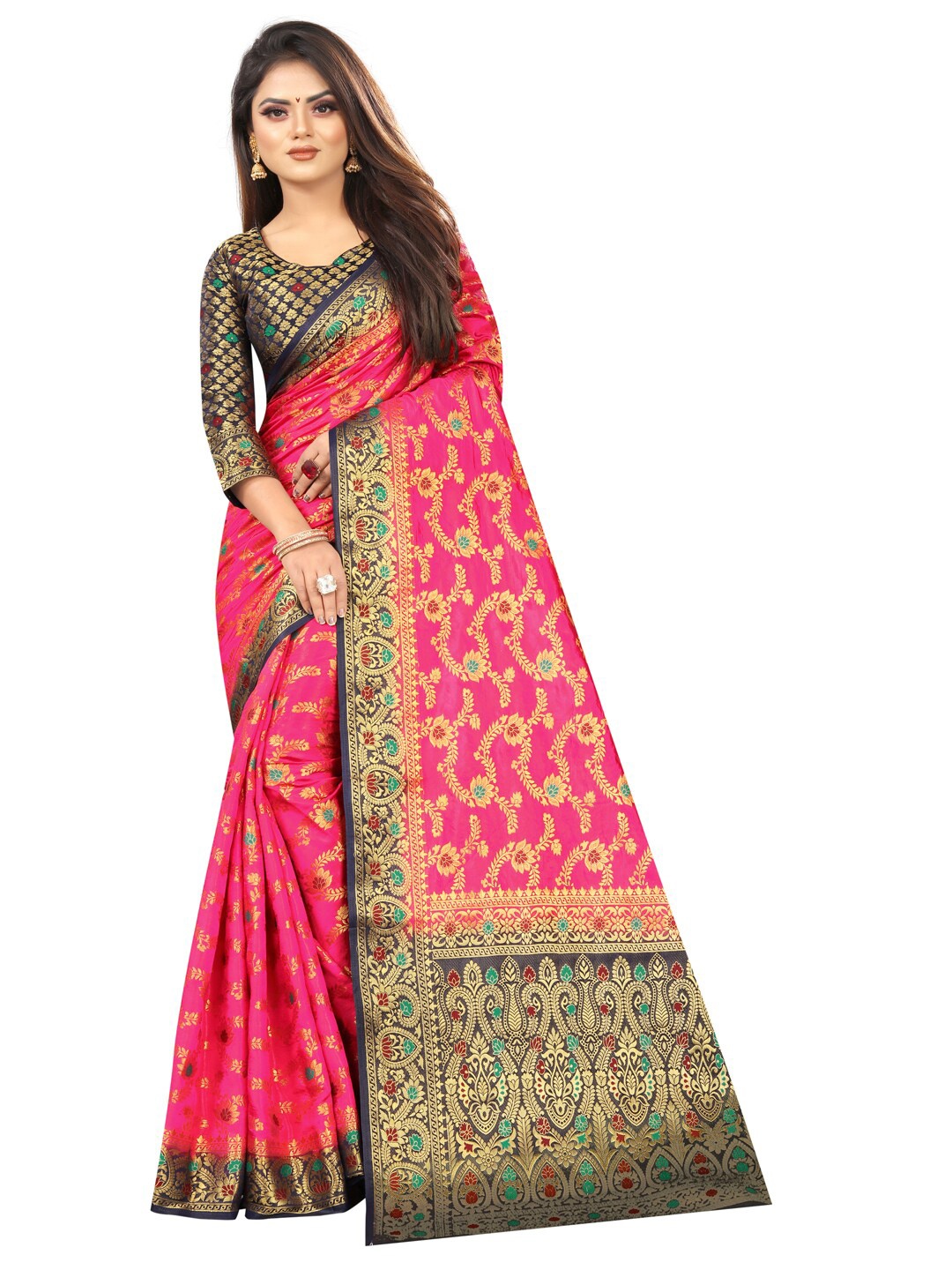 

PERFECT WEAR Pink & Golden Ethnic Motifs Silk Cotton Banarasi Saree