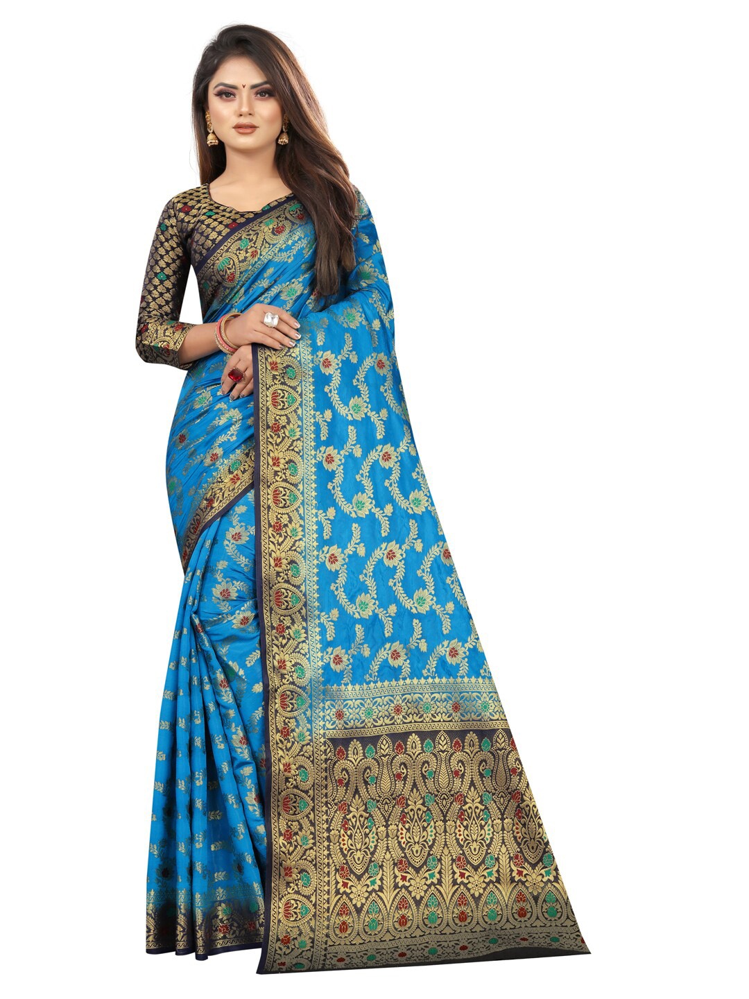 

PERFECT WEAR Blue & Gold-Toned Ethnic Motifs Zari Silk Cotton Banarasi Saree